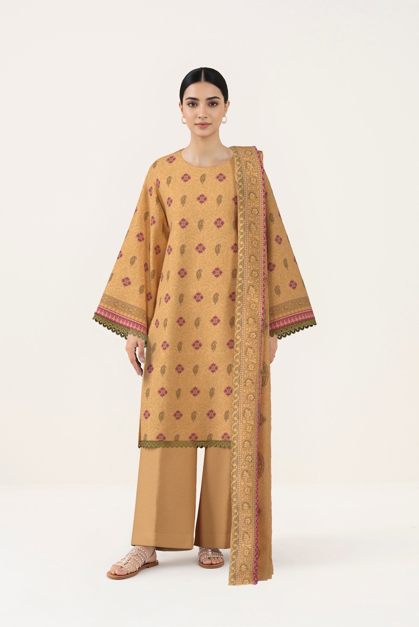 Mustard Beige Printed Lawn 3 Piece Suit (Sapphire)
